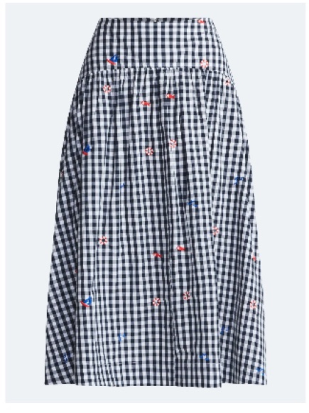 Embroidered Navy Gingham Midi Skirt